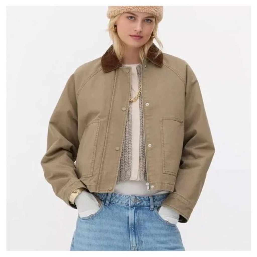 Hunter Women's Khaki Utility Jacket With Brown Corduroy Collar
